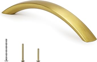 2 Pack Solid Brass Cabinet Pulls 6-5/16 Inch Hole Center Gold Curved Handles for Drawer Knobs, Kitchen Dresser Hardware, Modern Brushed Furniture Bathroom