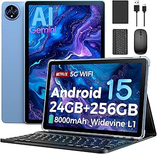 2026 11 Inch Android 15 Tablet with Keyboard - 24GB RAM, 256GB ROM, 2TB Expand, Octa-core, 8000mAh, 5+13MP, 2.4G&5G WiFi, GMS Certified, 2 in 1 Gemini AI Tablets with Case, Mouse, Stylus (Black Case)