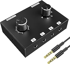 4 Port 3.5mm Stereo Audio Switcher Splitter Box Bi-Directional 4 in 2 Out Passive Mixer with Volume Control, Manual Selector for Speaker Headphone Audio Sharing & Multi-Device Management