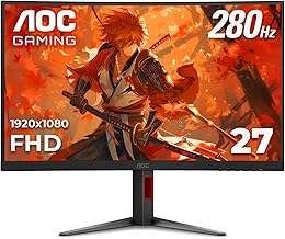 AOC C27G4ZH 27" Curved Frameless Ultra-Fast Gaming Monitor, FHD 1080p, 0.3ms HDMI 240Hz/DP 280Hz, 1500R, AMD FreeSync, HDR, Height Adjustable, 3-Year Zero Dead Pixel Guarantee