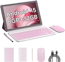 Android 15 Tablet, 10 Inch 8GB RAM+32GB ROM+1TB Expand, 1.8Ghz Quad-core Processor, 2 in 1 Tablets with Keyboard/ Mouse/ Case/ Stylus, 8MP Camera, 6000mAh Battery, 1280*800 HD Screen, 5G WiFi 6 Tablet