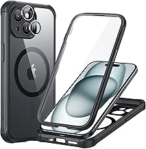 ESR for iPhone 15 Case, Compatible with MagSafe, Full-Body Military-Grade Drop Proof Case with Built-in 9H+ Tempered Glass Screen Protector, Armor Series, Clear Black