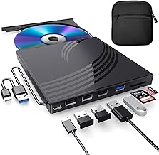 External CD/DVD Drive for Laptop with Carrying Case,DVD Player for Laptop,Portable CD Burner with 4 USB Ports, 2 TF/SD Card Slots,CD Disk Drive Player Reader Write