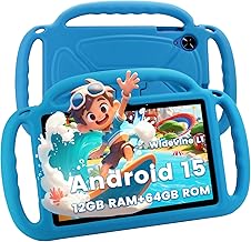 Kids Tablet, Android 15 Tablet, 12GB RAM 64GB ROM 1TB Expansion, 10 inch 1280x800 FHD Touch Screen, 2MP+8MP Dual Camera, WiFi 5, 6000mAh Battery & Parental Control with Blue EVA Case