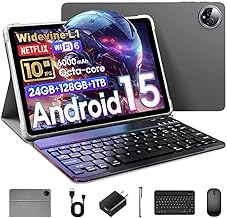 Raemond 10 Inch Tablet Android 15 with Keyboard, 24GB RAM + 128GB ROM (1TB Expand), T615 Octa-Core, 1280x800 IPS HD Display, 5MP+8MP Dual Camera, 6000mAh, Mouse, Widevine L1, GPS