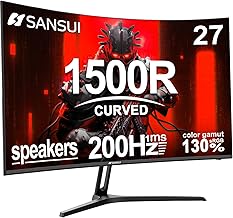 SANSUI 27 Inch Curved Gaming Monitor 200Hz 1ms with Speakers FHD 1080P Computer Monitor FreeSync|1500R|130% sRGB|HDR|Low Blue Light|HDMI DP Ports|VESA Mount|Metal Stand(HDMI Cable Incl.)